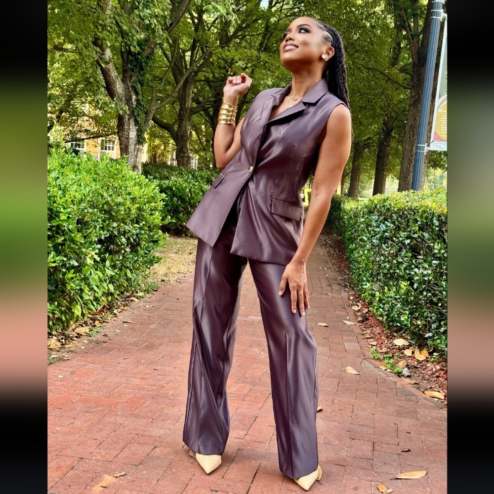 Zara 2 Pc Set Vest & Straight Pants Satin Effect Mocha - Picture 5 of 17
